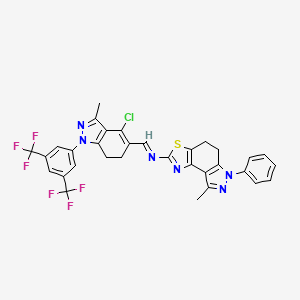 molecular formula C32H23ClF6N6S B8141916 (E)-1-[1-[3,5-bis(trifluoromethyl)phenyl]-4-chloro-3-methyl-6,7-dihydroindazol-5-yl]-N-(8-methyl-6-phenyl-4,5-dihydropyrazolo[4,3-e][1,3]benzothiazol-2-yl)methanimine 