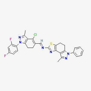 (E)-1-[4-chloro-1-(2,4-difluorophenyl)-3-methyl-6,7-dihydroindazol-5-yl]-N-(8-methyl-6-phenyl-4,5-dihydropyrazolo[4,3-e][1,3]benzothiazol-2-yl)methanimine