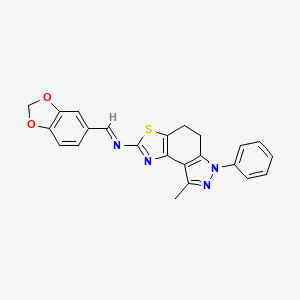 molecular formula C23H18N4O2S B8141927 (E)-1-(1,3-benzodioxol-5-yl)-N-(8-methyl-6-phenyl-4,5-dihydropyrazolo[4,3-e][1,3]benzothiazol-2-yl)methanimine 