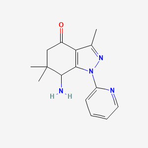 molecular formula C15H18N4O B8141983 7-Amino-3,6,6-trimethyl-1-pyridin-2-yl-5,7-dihydroindazol-4-one 