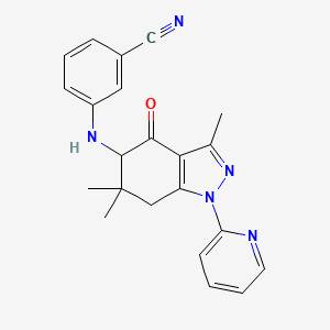 molecular formula C22H21N5O B8142000 3-[(3,6,6-Trimethyl-4-oxo-1-pyridin-2-yl-5,7-dihydroindazol-5-yl)amino]benzonitrile 