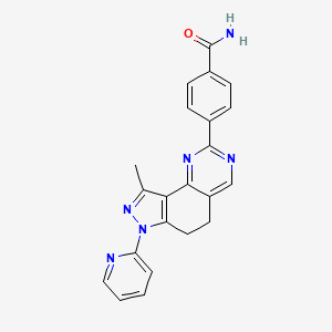 molecular formula C22H18N6O B8142220 4-(9-Methyl-7-pyridin-2-yl-5,6-dihydropyrazolo[3,4-h]quinazolin-2-yl)benzamide 