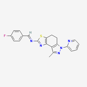 molecular formula C21H16FN5S B8142248 (E)-1-(4-fluorophenyl)-N-(8-methyl-6-pyridin-2-yl-4,5-dihydropyrazolo[4,3-e][1,3]benzothiazol-2-yl)methanimine 