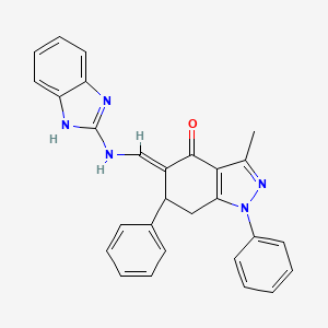 molecular formula C28H23N5O B8142291 (5E)-5-[(1H-benzimidazol-2-ylamino)methylidene]-3-methyl-1,6-diphenyl-6,7-dihydroindazol-4-one 