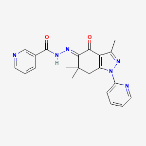 molecular formula C21H20N6O2 B8142299 N-[(E)-(3,6,6-trimethyl-4-oxo-1-pyridin-2-yl-7H-indazol-5-ylidene)amino]pyridine-3-carboxamide 