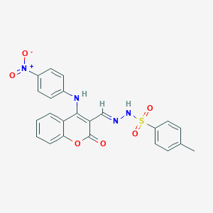 molecular formula C23H18N4O6S B8142449 4-methyl-N-[(E)-[4-(4-nitroanilino)-2-oxochromen-3-yl]methylideneamino]benzenesulfonamide 