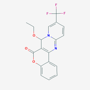 molecular formula C18H13F3N2O3 B8142479 11-Ethoxy-14-(trifluoromethyl)-8-oxa-12,18-diazatetracyclo[8.8.0.02,7.012,17]octadeca-1(10),2,4,6,13,15,17-heptaen-9-one 