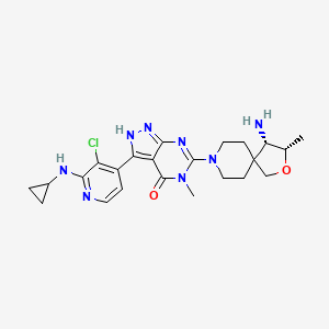 molecular formula C23H29ClN8O2 B8143749 6-[(3S,4S)-4-amino-3-methyl-2-oxa-8-azaspiro[4.5]decan-8-yl]-3-[3-chloro-2-(cyclopropylamino)pyridin-4-yl]-5-methyl-2,5-dihydro-4H-pyrazolo[3,4-d]pyrimidin-4-one 