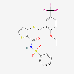 molecular formula C21H18F3NO4S3 B8144452 3-{[2-乙氧基-5-(三氟甲基)苄基]硫代}-N-(苯磺酰)噻吩-2-甲酰胺 