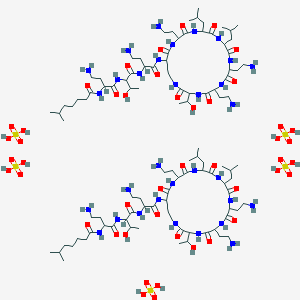 molecular formula C104H206N32O46S5 B8145784 N-[4-amino-1-[[1-[[4-amino-1-oxo-1-[[6,9,18-tris(2-aminoethyl)-3-(1-hydroxyethyl)-12,15-bis(2-methylpropyl)-2,5,8,11,14,17,20-heptaoxo-1,4,7,10,13,16,19-heptazacyclotricos-21-yl]amino]butan-2-yl]amino]-3-hydroxy-1-oxobutan-2-yl]amino]-1-oxobutan-2-yl]-6-methylheptanamide;sulfuric acid 