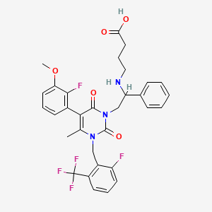 molecular formula C32H30F5N3O5 B8146214 4-[[(1R)-2-[5-(2-fluoro-3-methoxyphenyl)-3-[[2-fluoro-6-(trifluoromethyl)phenyl]methyl]-4-methyl-2,6-dioxopyrimidin-1-yl]-1-phenylethyl]amino]butanoic acid 