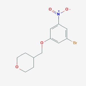 molecular formula C12H14BrNO4 B8152968 4-((3-Bromo-5-nitrophenoxy)methyl)tetrahydro-2H-pyran 