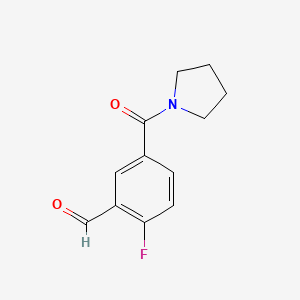 molecular formula C12H12FNO2 B8156789 2-Fluoro-5-(pyrrolidine-1-carbonyl)-benzaldehyde 