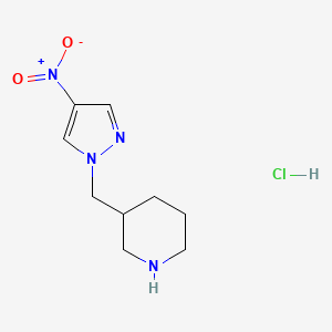 molecular formula C9H15ClN4O2 B8158352 3-((4-Nitro-1H-pyrazol-1-yl)methyl)piperidine hydrochloride 