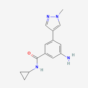 molecular formula C14H16N4O B8160832 3-Amino-N-cyclopropyl-5-(1-methyl-1H-pyrazol-4-yl)benzamide 