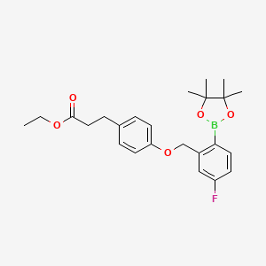 molecular formula C24H30BFO5 B8163813 Ethyl 3-(4-((5-fluoro-2-(4,4,5,5-tetramethyl-1,3,2-dioxaborolan-2-yl)benzyl)oxy)phenyl)propanoate 