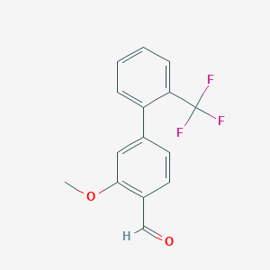 molecular formula C15H11F3O2 B8164029 3-Methoxy2'-trifluoromethyl-[1,1'-biphenyl]-4-carboxaldehyde 
