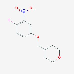 molecular formula C12H14FNO4 B8166455 4-((4-Fluoro-3-nitrophenoxy)methyl)tetrahydro-2H-pyran 