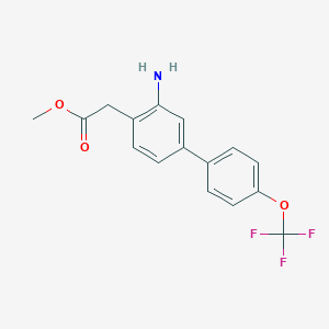 molecular formula C16H14F3NO3 B8170596 Methyl 2-(3-amino-4'-(trifluoromethoxy)-[1,1'-biphenyl]-4-yl)acetate 