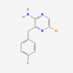 molecular formula C11H9BrFN3 B8171647 5-Bromo-3-(4-fluorobenzyl)pyrazin-2-amine 