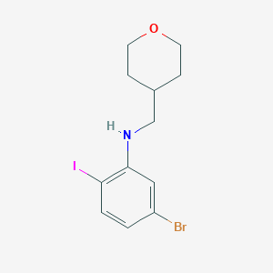 molecular formula C12H15BrINO B8174755 5-Bromo-2-iodo-N-((tetrahydro-2H-pyran-4-yl)methyl)aniline 
