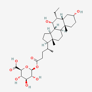 molecular formula C32H52O10 B8175736 (2S,3S,4S,5R,6S)-6-[(4R)-4-[(3R,5S,6R,7R,8S,9S,10S,13R,14S,17R)-6-ethyl-3,7-dihydroxy-10,13-dimethyl-2,3,4,5,6,7,8,9,11,12,14,15,16,17-tetradecahydro-1H-cyclopenta[a]phenanthren-17-yl]pentanoyl]oxy-3,4,5-trihydroxyoxane-2-carboxylic acid 