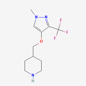 molecular formula C11H16F3N3O B8176382 4-(((1-Methyl-3-(trifluoromethyl)-1H-pyrazol-4-yl)oxy)methyl)piperidine 