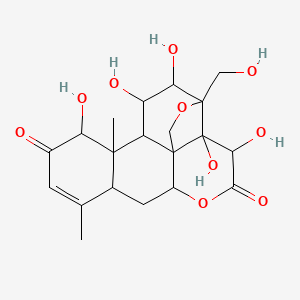 molecular formula C20H26O10 B8176930 2,3,12,15,16-Pentahydroxy-17-(hydroxymethyl)-9,13-dimethyl-5,18-dioxapentacyclo[12.5.0.01,6.02,17.08,13]nonadec-9-ene-4,11-dione 