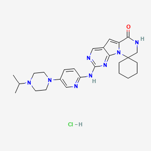 molecular formula C26H35ClN8O B8180390 4-[[5-(4-Propan-2-ylpiperazin-1-yl)pyridin-2-yl]amino]spiro[1,3,5,11-tetrazatricyclo[7.4.0.02,7]trideca-2,4,6,8-tetraene-13,1'-cyclohexane]-10-one;hydrochloride 