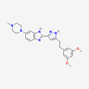 molecular formula C25H30N6O2 B8180474 2-[5-[2-(3,5-dimethoxyphenyl)ethyl]-1H-pyrazol-3-yl]-6-(4-methylpiperazin-1-yl)-1H-benzimidazole 