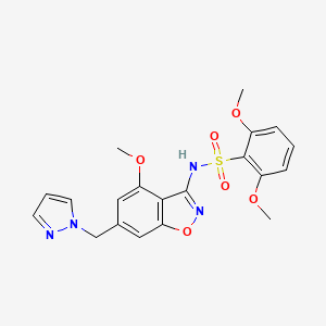 molecular formula C20H20N4O6S B8180689 2,6-dimethoxy-N-[4-methoxy-6-(pyrazol-1-ylmethyl)-1,2-benzoxazol-3-yl]benzenesulfonamide 