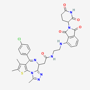 molecular formula C34H31ClN8O5S B8180716 2-[7-(4-chlorophenyl)-4,5,13-trimethyl-3-thia-1,8,11,12-tetrazatricyclo[8.3.0.02,6]trideca-2(6),4,7,10,12-pentaen-9-yl]-N-[2-[[2-(2,6-dioxopiperidin-3-yl)-1,3-dioxoisoindol-4-yl]amino]ethyl]acetamide 
