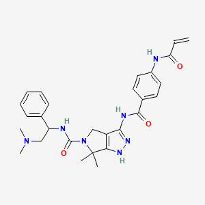 molecular formula C28H33N7O3 B8180869 N-[2-(dimethylamino)-1-phenylethyl]-6,6-dimethyl-3-[[4-(prop-2-enoylamino)benzoyl]amino]-1,4-dihydropyrrolo[3,4-c]pyrazole-5-carboxamide 