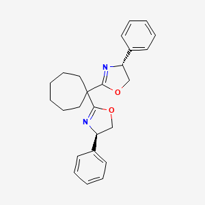 molecular formula C25H28N2O2 B8181079 (4R,4'R)-2,2'-(Cycloheptane-1,1-diyl)bis(4-phenyl-4,5-dihydrooxazole) 