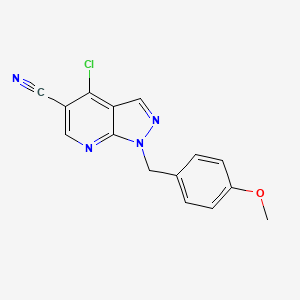 molecular formula C15H11ClN4O B8188093 4-chloro-1-[(4-methoxyphenyl)methyl]-1H-pyrazolo[3,4-b]pyridine-5-carbonitrile 