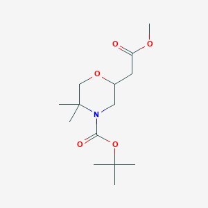 molecular formula C14H25NO5 B8188555 2-Methoxycarbonylmethyl-5,5-dimethyl-morpholine-4-carboxylic acid tert-butyl ester 