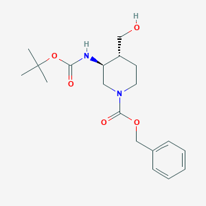 molecular formula C19H28N2O5 B8189184 trans-3-tert-Butoxycarbonylamino-4-hydroxymethyl-piperidine-1-carboxylic acid benzyl ester 