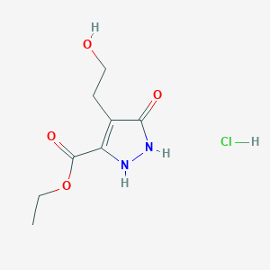 molecular formula C8H13ClN2O4 B8190489 5-Hydroxy-4-(2-hydroxy-ethyl)-1H-pyrazole-3-carboxylic acid ethyl ester hydrochloride 