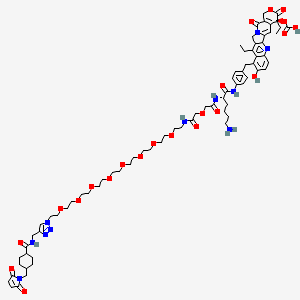 molecular formula C73H97N11O22 B8191648 [(19S)-8-[[4-[[(2S)-6-amino-2-[[2-[2-[2-[2-[2-[2-[2-[2-[2-[2-[2-[4-[[[4-[(2,5-dioxopyrrol-1-yl)methyl]cyclohexanecarbonyl]amino]methyl]triazol-1-yl]ethoxy]ethoxy]ethoxy]ethoxy]ethoxy]ethoxy]ethoxy]ethoxy]ethylamino]-2-oxoethoxy]acetyl]amino]hexanoyl]amino]phenyl]methyl]-10,19-diethyl-7-hydroxy-14,18-dioxo-17-oxa-3,13-diazapentacyclo[11.8.0.02,11.04,9.015,20]henicosa-1(21),2,4(9),5,7,10,15(20)-heptaen-19-yl] hydrogen carbonate 