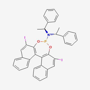 molecular formula C36H28I2NO2P B8192747 10,16-diiodo-N-[(1S)-1-phenylethyl]-N-[(1R)-1-phenylethyl]-12,14-dioxa-13-phosphapentacyclo[13.8.0.02,11.03,8.018,23]tricosa-1(15),2(11),3,5,7,9,16,18,20,22-decaen-13-amine 