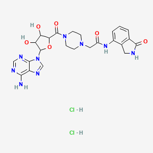 molecular formula C24H29Cl2N9O6 B8193099 2-[4-[5-(6-aminopurin-9-yl)-3,4-dihydroxyoxolane-2-carbonyl]piperazin-1-yl]-N-(1-oxo-2,3-dihydroisoindol-4-yl)acetamide;dihydrochloride 
