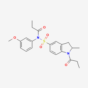 molecular formula C22H26N2O5S B8196338 N-(3-Methoxyphenyl)-N-((2-methyl-1-propionylindolin-5-yl)sulfonyl)propionamide 