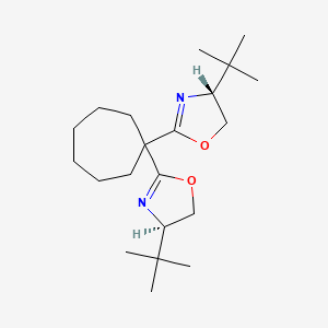 molecular formula C21H36N2O2 B8199945 (4R,4'R)-2,2'-(Cycloheptane-1,1-diyl)bis(4-(tert-butyl)-4,5-dihydrooxazole) 