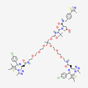 molecular formula C79H98Cl2N14O13S3 B8201591 (2S,4R)-1-[(2S)-2-[[2-[3-[2-[2-[2-[[2-[(9S)-7-(4-chlorophenyl)-4,5,13-trimethyl-3-thia-1,8,11,12-tetrazatricyclo[8.3.0.02,6]trideca-2(6),4,7,10,12-pentaen-9-yl]acetyl]amino]ethoxy]ethoxy]ethoxy]-2-[2-[2-[2-[[2-[(9S)-7-(4-chlorophenyl)-4,5,13-trimethyl-3-thia-1,8,11,12-tetrazatricyclo[8.3.0.02,6]trideca-2(6),4,7,10,12-pentaen-9-yl]acetyl]amino]ethoxy]ethoxy]ethoxymethyl]-2-methylpropoxy]acetyl]amino]-3,3-dimethylbutanoyl]-4-hydroxy-N-[[4-(4-methyl-1,3-thiazol-5-yl)phenyl]methyl]pyrrolidine-2-carboxamide 