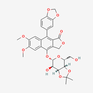 molecular formula C30H30O12 B8209934 4-[[(3aS,4R,6S,7R,7aR)-7-hydroxy-4-(hydroxymethyl)-2,2-dimethyl-4,6,7,7a-tetrahydro-3aH-[1,3]dioxolo[4,5-c]pyran-6-yl]oxy]-9-(1,3-benzodioxol-5-yl)-6,7-dimethoxy-3H-benzo[f][2]benzofuran-1-one 