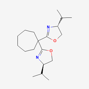 molecular formula C19H32N2O2 B8211872 (4R,4'R)-2,2'-(Cycloheptane-1,1-diyl)bis(4-isopropyl-4,5-dihydrooxazole) 
