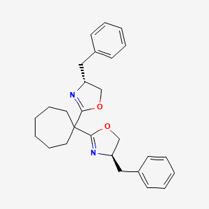 molecular formula C27H32N2O2 B8211878 (4R,4'R)-2,2'-(Cycloheptane-1,1-diyl)bis(4-benzyl-4,5-dihydrooxazole) 