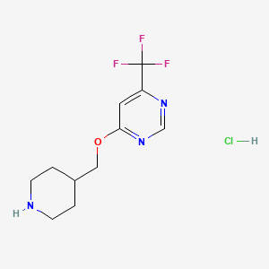 molecular formula C11H15ClF3N3O B8216744 4-[(Piperidin-4-yl)methoxy]-6-(trifluoromethyl)pyrimidine hydrochloride 