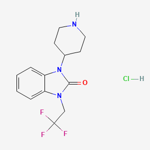 molecular formula C14H17ClF3N3O B8219911 1-(piperidin-4-yl)-3-(2,2,2-trifluoroethyl)-2,3-dihydro-1H-1,3-benzodiazol-2-one hydrochloride 