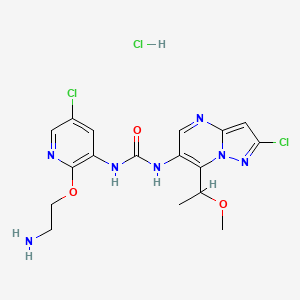 molecular formula C17H20Cl3N7O3 B8224346 1-(2-(2-Aminoethoxy)-5-chloropyridin-3-YL)-3-(2-chloro-7-(1-methoxyethyl)pyrazolo[1,5-A]pyrimidin-6-YL)urea 